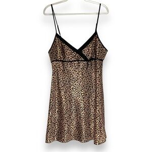 Kaisely Slip Dress Leopard Print Bow Sexy Lingerie Satin Brown Black Size Large